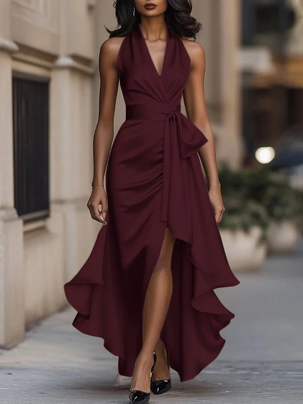 Freeacy Women's Deep V - neck Ruffled Evening Gowns Solid Color Lace - up High Waist Satin Party Dresses Wedding Guests Dress - Maison zamor
