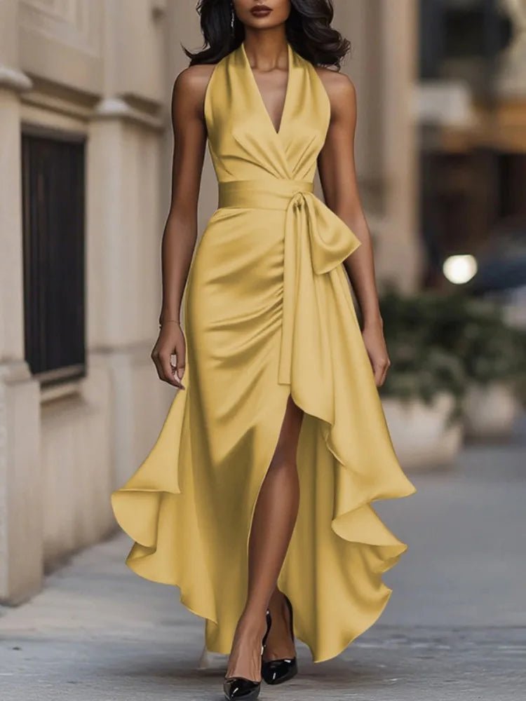 Freeacy Women's Deep V - neck Ruffled Evening Gowns Solid Color Lace - up High Waist Satin Party Dresses Wedding Guests Dress - Maison zamor