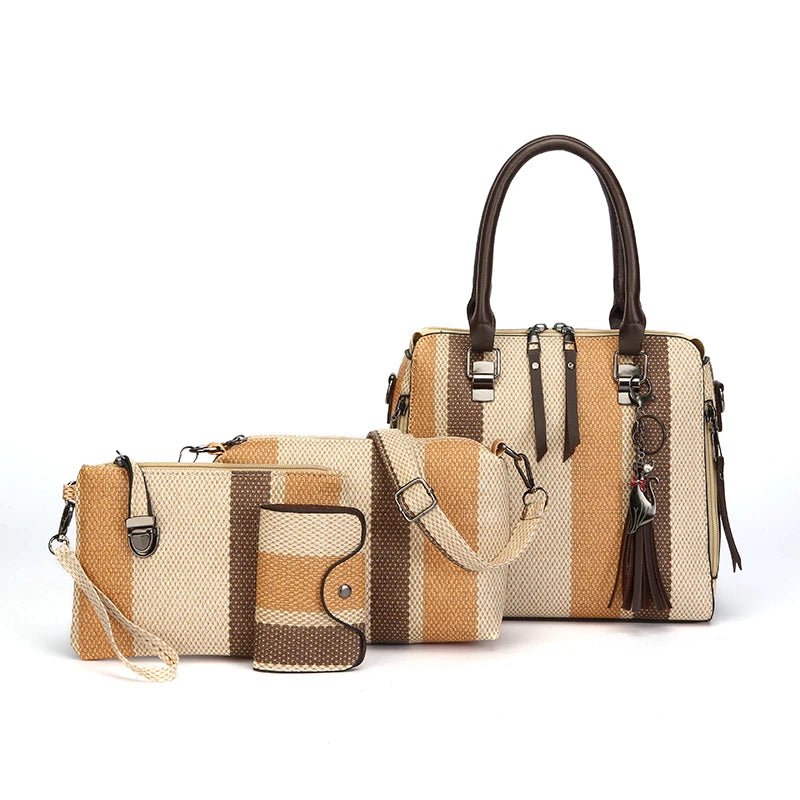 High Quality Women PU Leather Handbags Shoulder Bag Casual Female 4 Pieces Set Crossbody Bags Fashion Stripe Tote Messenger Bag - Maison zamor