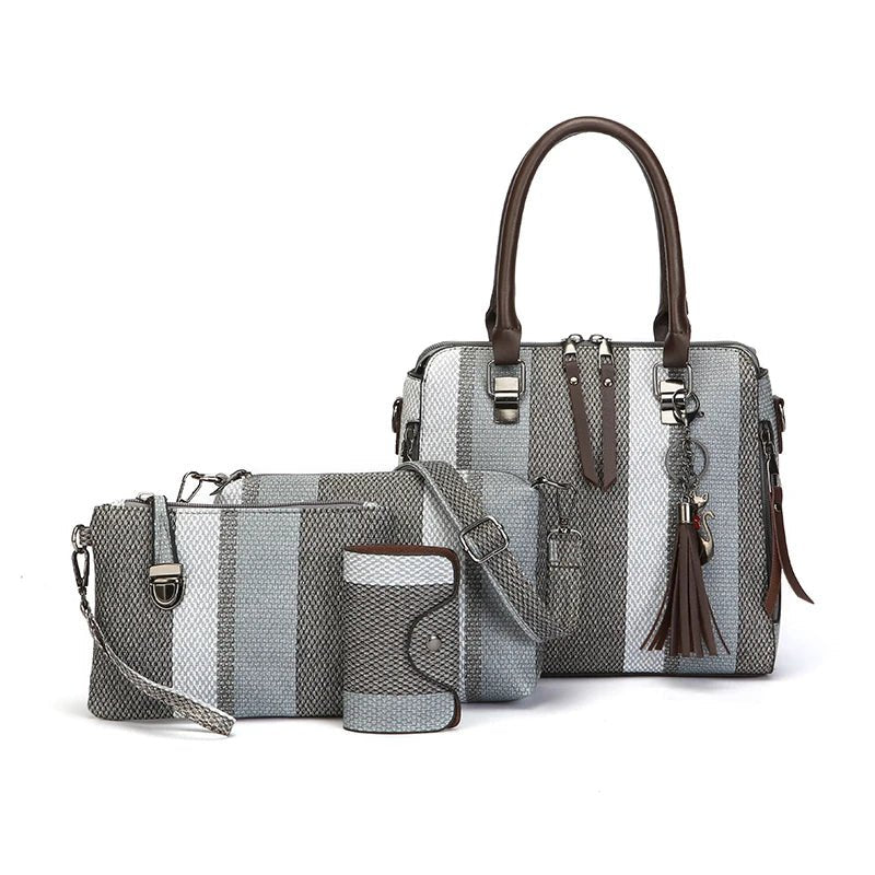 High Quality Women PU Leather Handbags Shoulder Bag Casual Female 4 Pieces Set Crossbody Bags Fashion Stripe Tote Messenger Bag - Maison zamor