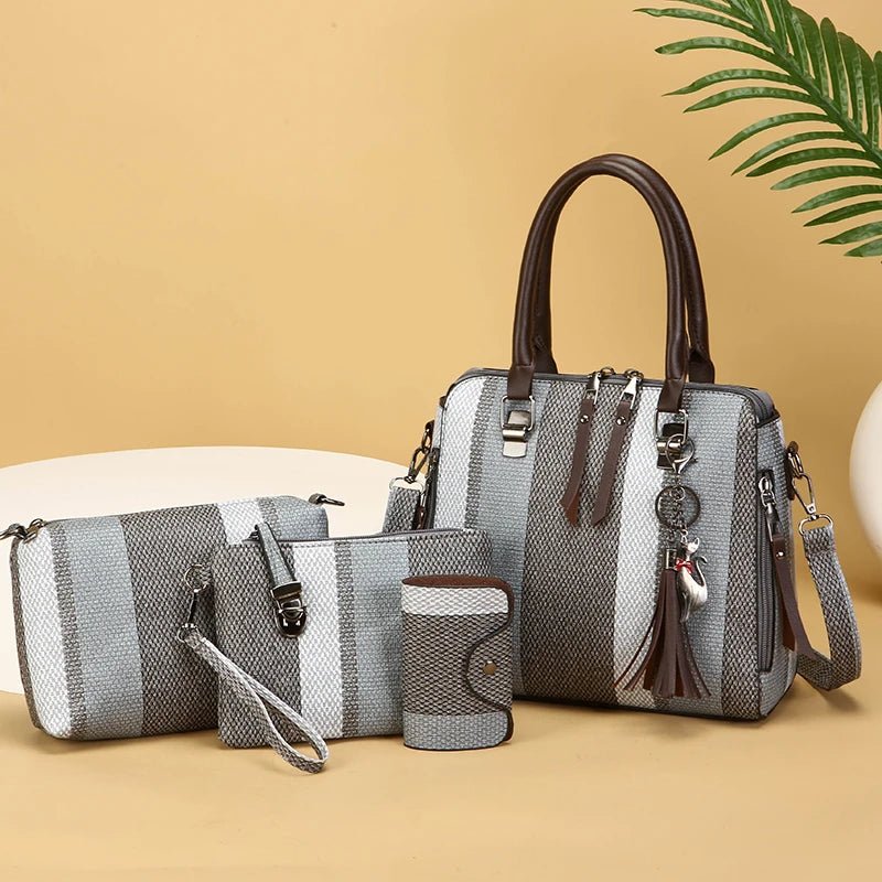 High Quality Women PU Leather Handbags Shoulder Bag Casual Female 4 Pieces Set Crossbody Bags Fashion Stripe Tote Messenger Bag - Maison zamor