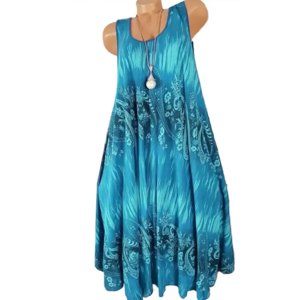 Hot Sales Women Skirt Summer Floral Print Round Neck Sleeveless Loose Pleated Plus Tank Dress for Female - Maison zamor
