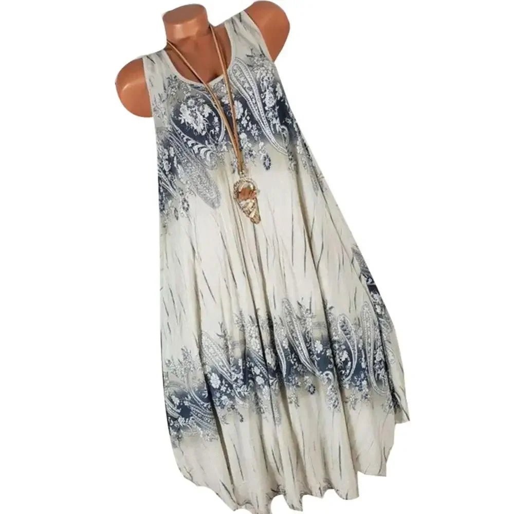 Hot Sales Women Skirt Summer Floral Print Round Neck Sleeveless Loose Pleated Plus Tank Dress for Female - Maison zamor