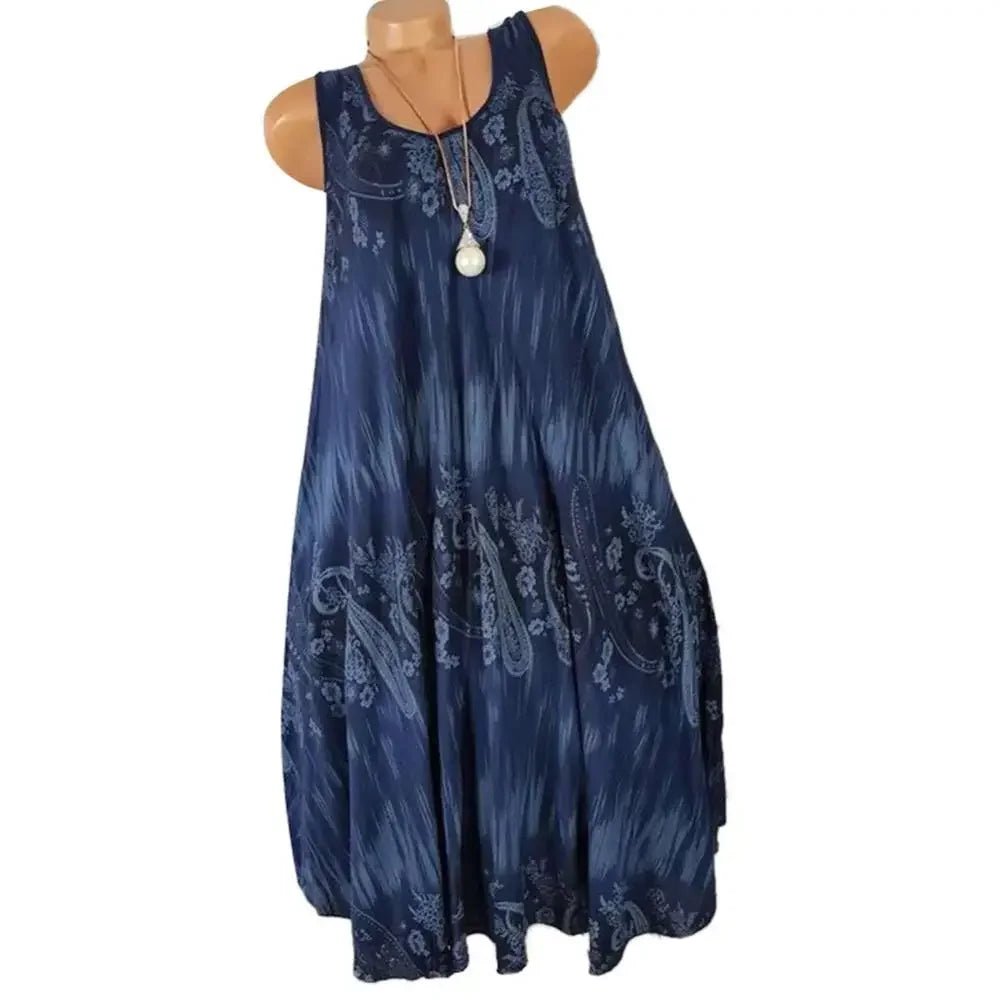 Hot Sales Women Skirt Summer Floral Print Round Neck Sleeveless Loose Pleated Plus Tank Dress for Female - Maison zamor