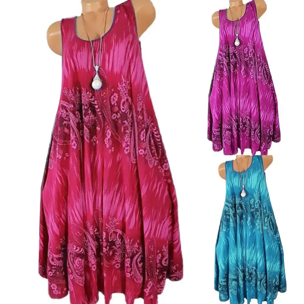 Hot Sales Women Skirt Summer Floral Print Round Neck Sleeveless Loose Pleated Plus Tank Dress for Female - Maison zamor