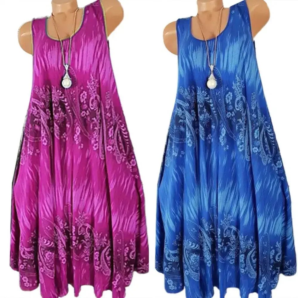 Hot Sales Women Skirt Summer Floral Print Round Neck Sleeveless Loose Pleated Plus Tank Dress for Female - Maison zamor