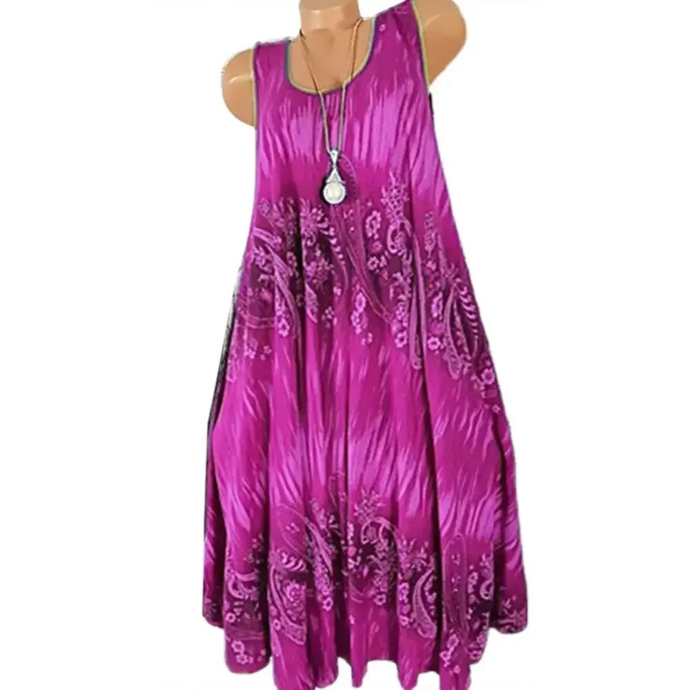 Hot Sales Women Skirt Summer Floral Print Round Neck Sleeveless Loose Pleated Plus Tank Dress for Female - Maison zamor