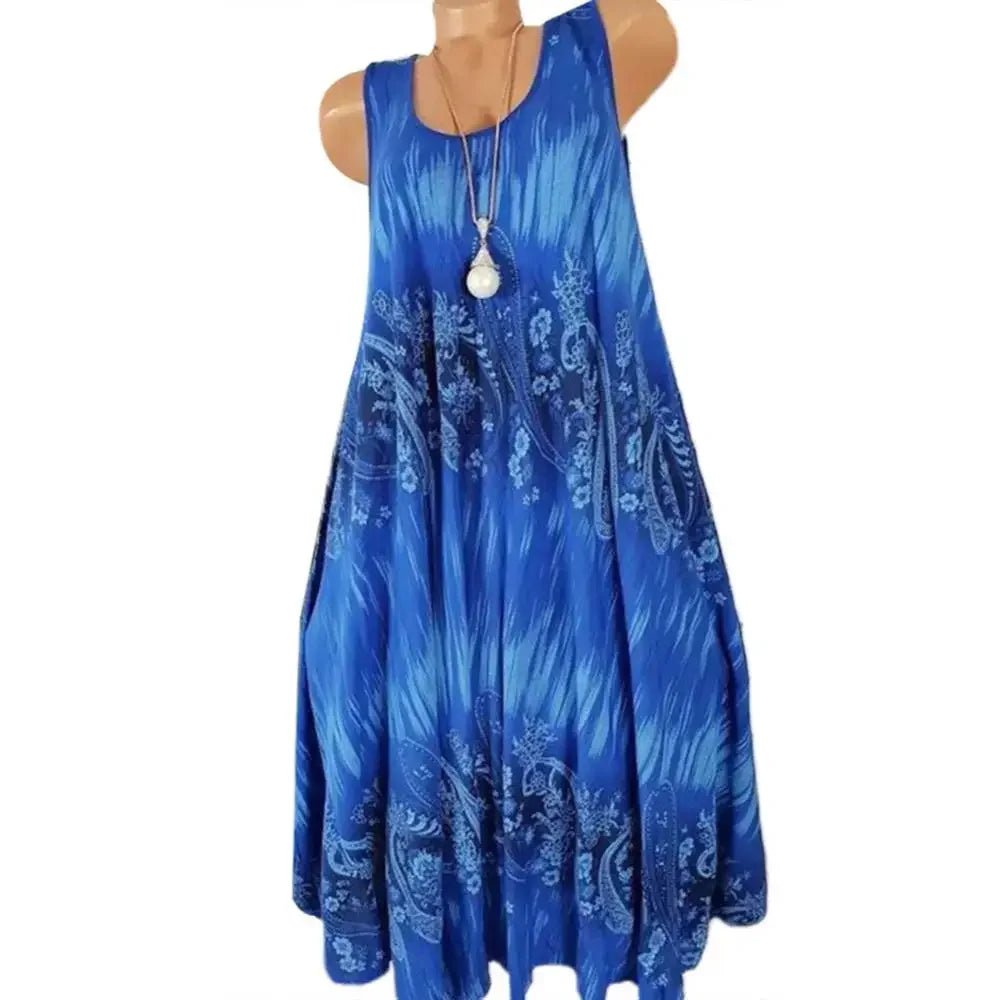 Hot Sales Women Skirt Summer Floral Print Round Neck Sleeveless Loose Pleated Plus Tank Dress for Female - Maison zamor