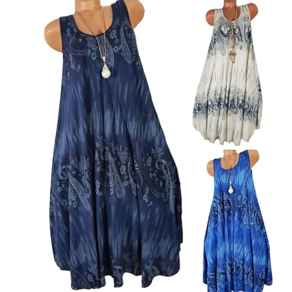Hot Sales Women Skirt Summer Floral Print Round Neck Sleeveless Loose Pleated Plus Tank Dress for Female - Maison zamor