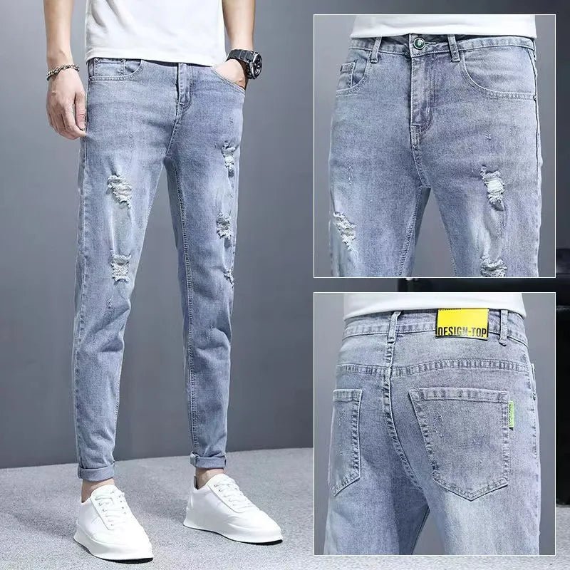 Jeans Distressed Pencil Jean Men Denim Ankle Length Pants Distressed Washed Spliced Zipper Fly Skinny Casual Spring Pockets - Maison zamor