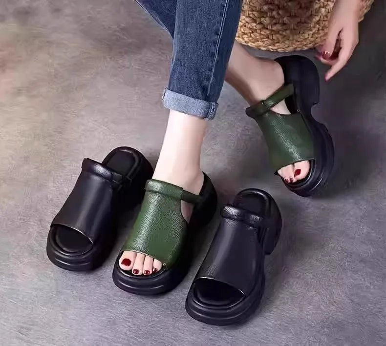 Lightweight Genuine Leather Fi Mouth Slippers Women's Outdoor Summer New Thi Bot Retro Soft Bot Platform Slippers - Maison zamor