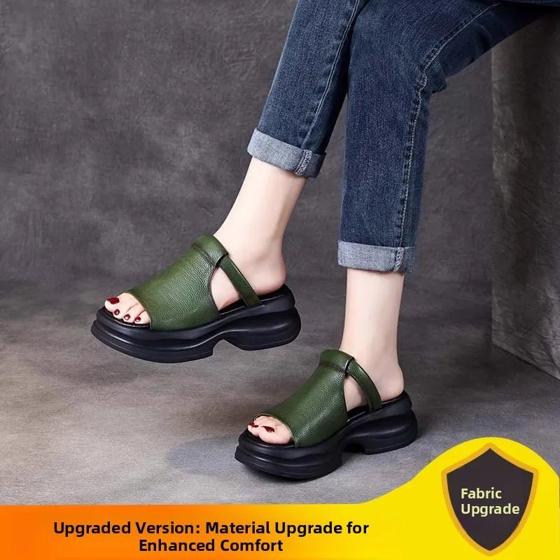 Lightweight Genuine Leather Fi Mouth Slippers Women's Outdoor Summer New Thi Bot Retro Soft Bot Platform Slippers - Maison zamor