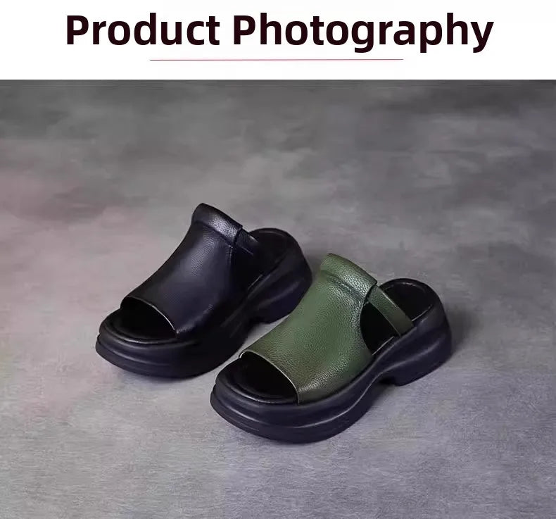 Lightweight Genuine Leather Fi Mouth Slippers Women's Outdoor Summer New Thi Bot Retro Soft Bot Platform Slippers - Maison zamor