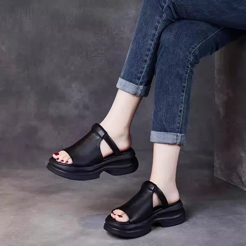 Lightweight Genuine Leather Fi Mouth Slippers Women's Outdoor Summer New Thi Bot Retro Soft Bot Platform Slippers - Maison zamor