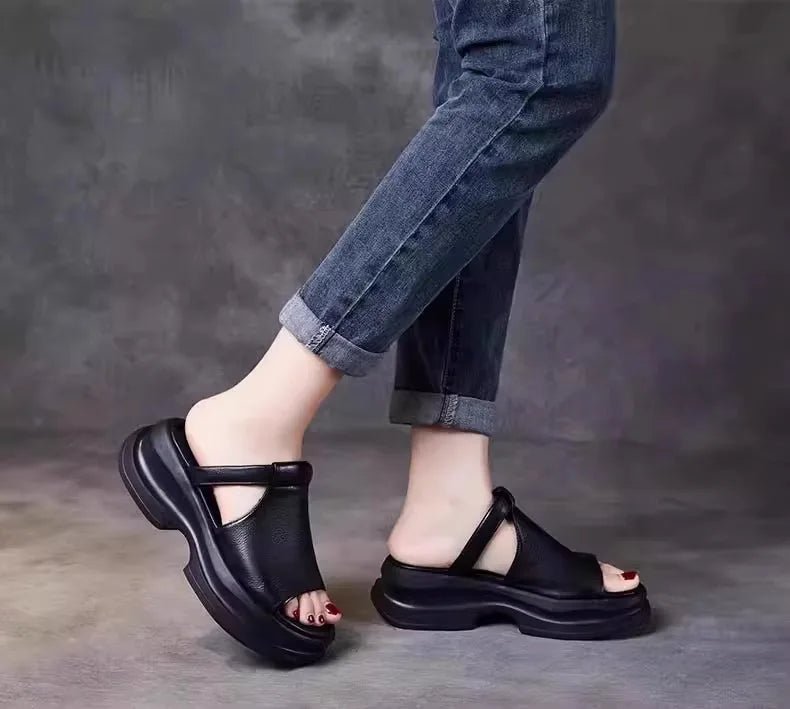 Lightweight Genuine Leather Fi Mouth Slippers Women's Outdoor Summer New Thi Bot Retro Soft Bot Platform Slippers - Maison zamor