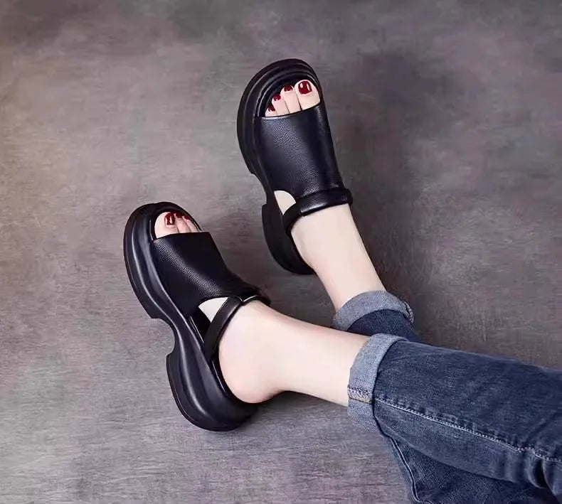 Lightweight Genuine Leather Fi Mouth Slippers Women's Outdoor Summer New Thi Bot Retro Soft Bot Platform Slippers - Maison zamor