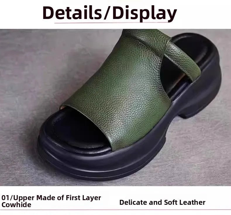 Lightweight Genuine Leather Fi Mouth Slippers Women's Outdoor Summer New Thi Bot Retro Soft Bot Platform Slippers - Maison zamor