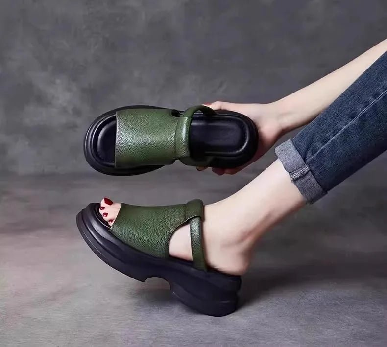 Lightweight Genuine Leather Fi Mouth Slippers Women's Outdoor Summer New Thi Bot Retro Soft Bot Platform Slippers - Maison zamor