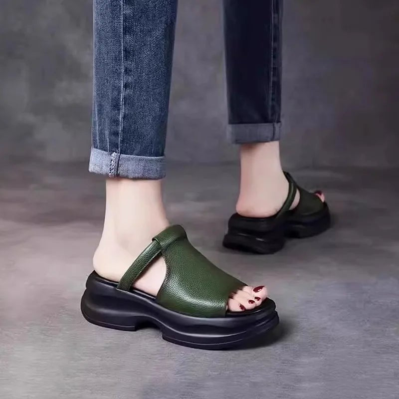 Lightweight Genuine Leather Fi Mouth Slippers Women's Outdoor Summer New Thi Bot Retro Soft Bot Platform Slippers - Maison zamor