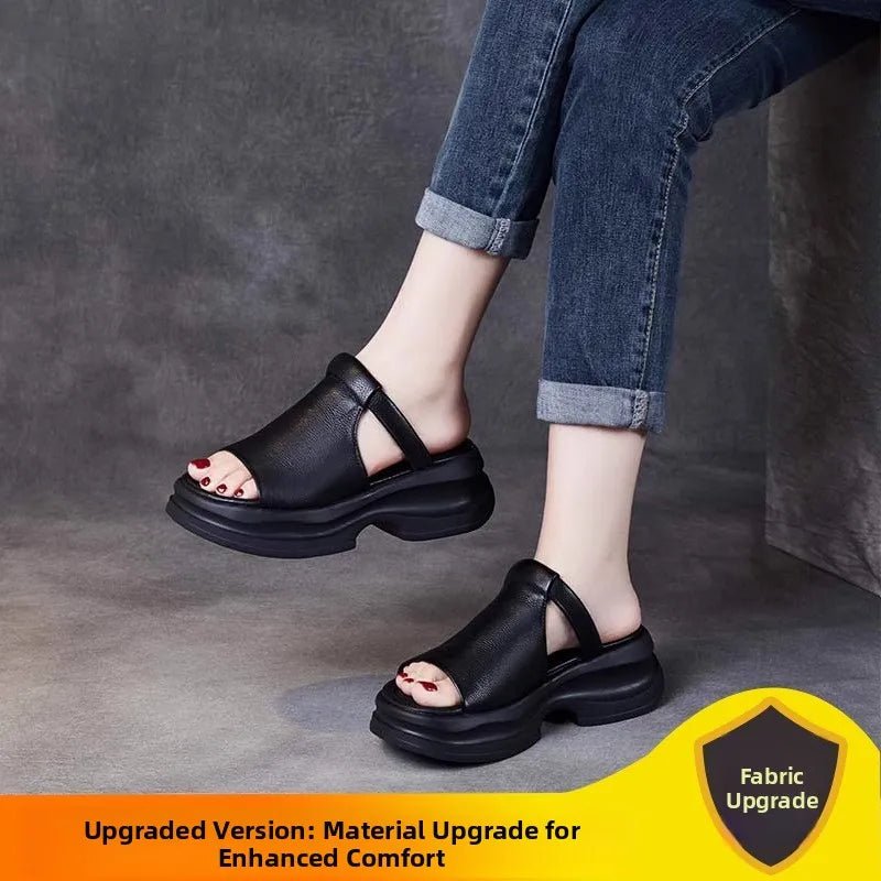 Lightweight Genuine Leather Fi Mouth Slippers Women's Outdoor Summer New Thi Bot Retro Soft Bot Platform Slippers - Maison zamor