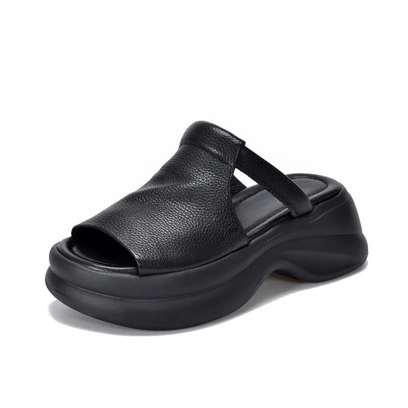Lightweight Genuine Leather Fi Mouth Slippers Women's Outdoor Summer New Thi Bot Retro Soft Bot Platform Slippers - Maison zamor