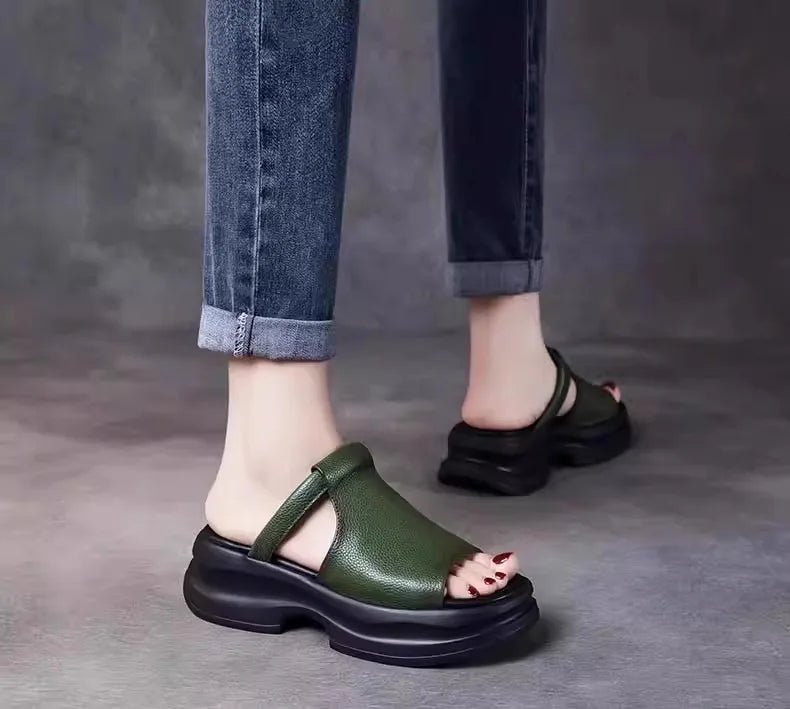 Lightweight Genuine Leather Fi Mouth Slippers Women's Outdoor Summer New Thi Bot Retro Soft Bot Platform Slippers - Maison zamor
