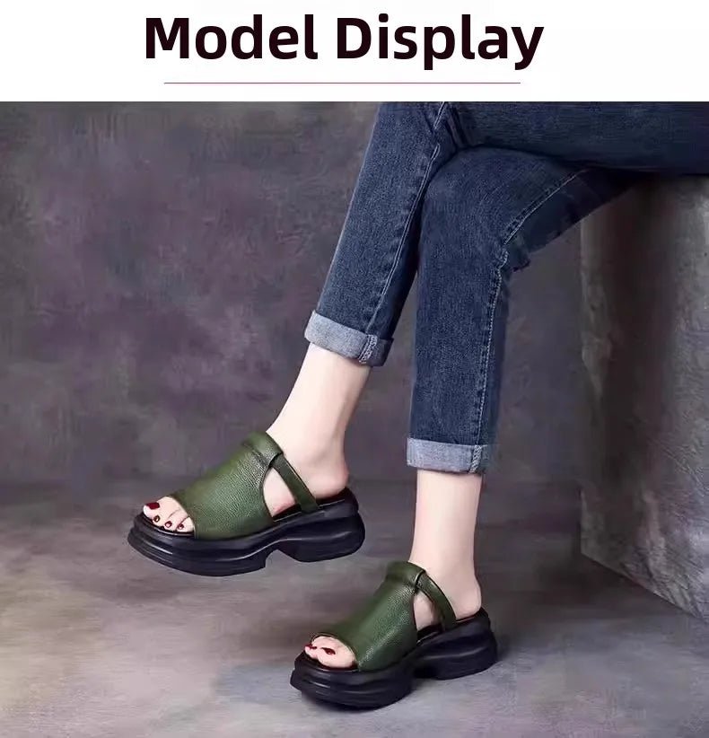 Lightweight Genuine Leather Fi Mouth Slippers Women's Outdoor Summer New Thi Bot Retro Soft Bot Platform Slippers - Maison zamor