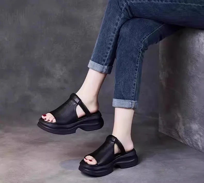 Lightweight Genuine Leather Fi Mouth Slippers Women's Outdoor Summer New Thi Bot Retro Soft Bot Platform Slippers - Maison zamor