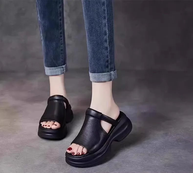 Lightweight Genuine Leather Fi Mouth Slippers Women's Outdoor Summer New Thi Bot Retro Soft Bot Platform Slippers - Maison zamor