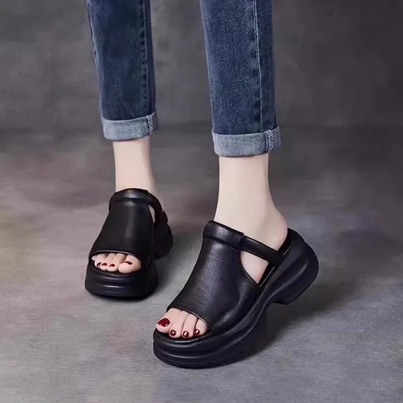 Lightweight Genuine Leather Fi Mouth Slippers Women's Outdoor Summer New Thi Bot Retro Soft Bot Platform Slippers - Maison zamor
