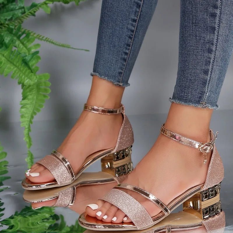 Luxury Women's Sandals Fashion Rhinestone Banquet Sandals Medium Heel Sandals for Women Summer Open Toe Sandas Sandalias Mujer - Maison zamor