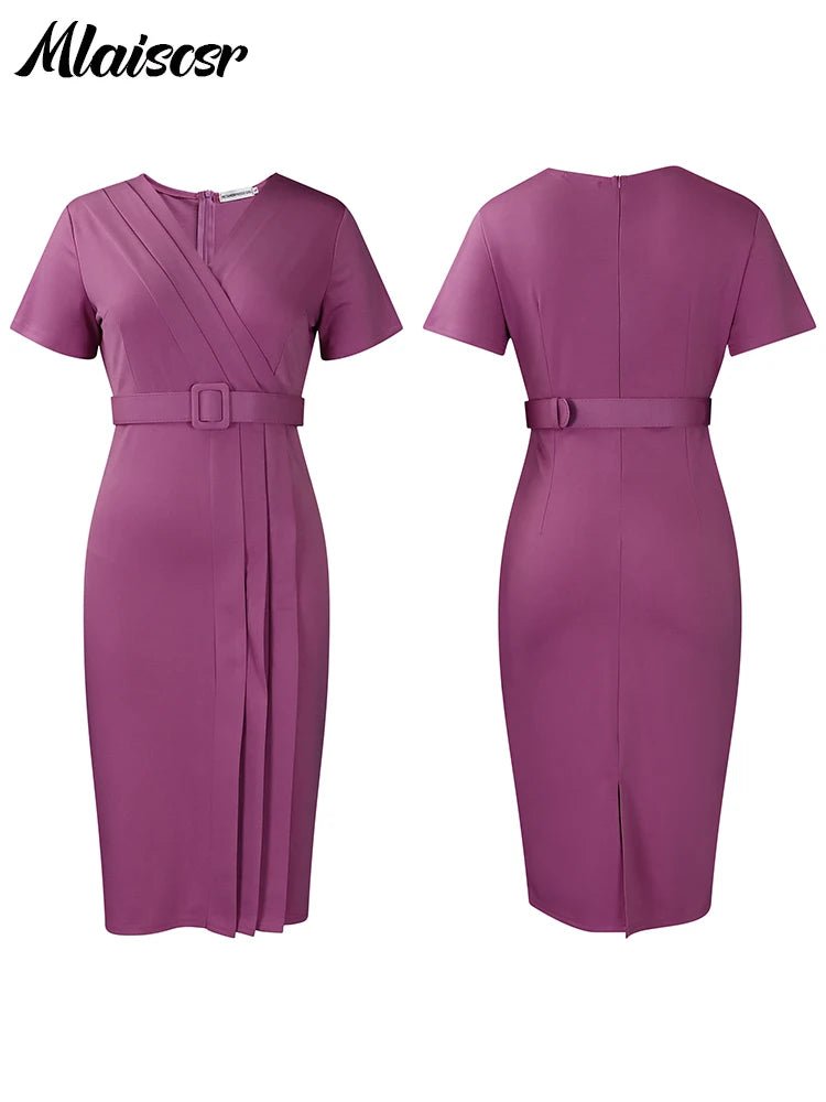 Mlaiscsr Office Lady Dress O Neck Short Sleeve High Waist Sashes Evening Midi Dresses Birthday Party Prom Women Clothing New - Maison zamor