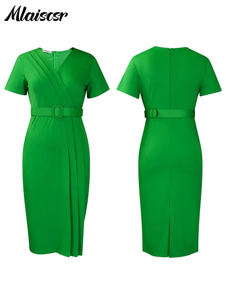 Mlaiscsr Office Lady Dress O Neck Short Sleeve High Waist Sashes Evening Midi Dresses Birthday Party Prom Women Clothing New - Maison zamor