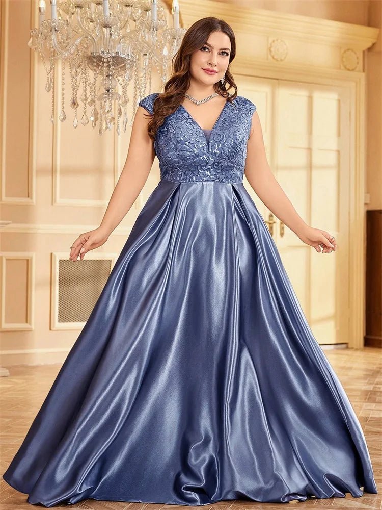 Plus Size Luxury Satin Sleeveless Evening Dress Elegant Long Sequin Splice A - line Formal Wedding Party Cocktail Gowns - Maison zamor