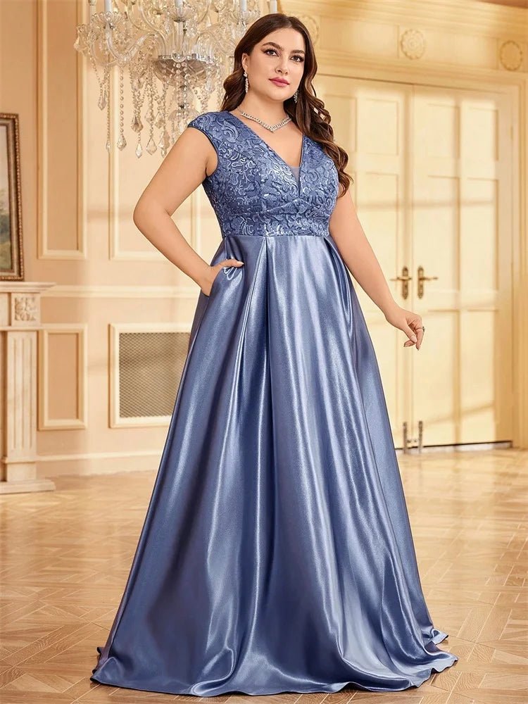 Plus Size Luxury Satin Sleeveless Evening Dress Elegant Long Sequin Splice A - line Formal Wedding Party Cocktail Gowns - Maison zamor
