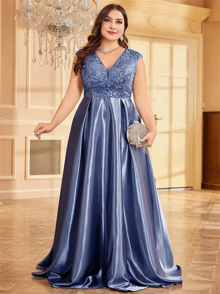 Plus Size Luxury Satin Sleeveless Evening Dress Elegant Long Sequin Splice A - line Formal Wedding Party Cocktail Gowns - Maison zamor