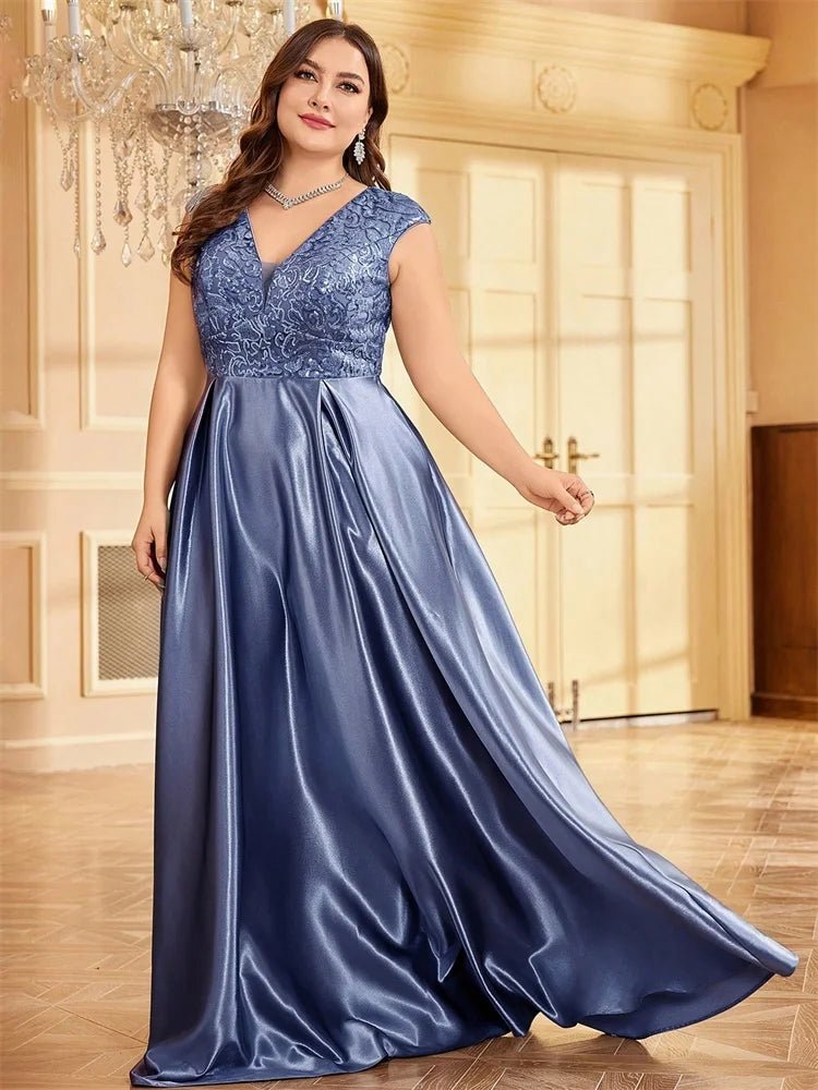 Plus Size Luxury Satin Sleeveless Evening Dress Elegant Long Sequin Splice A - line Formal Wedding Party Cocktail Gowns - Maison zamor