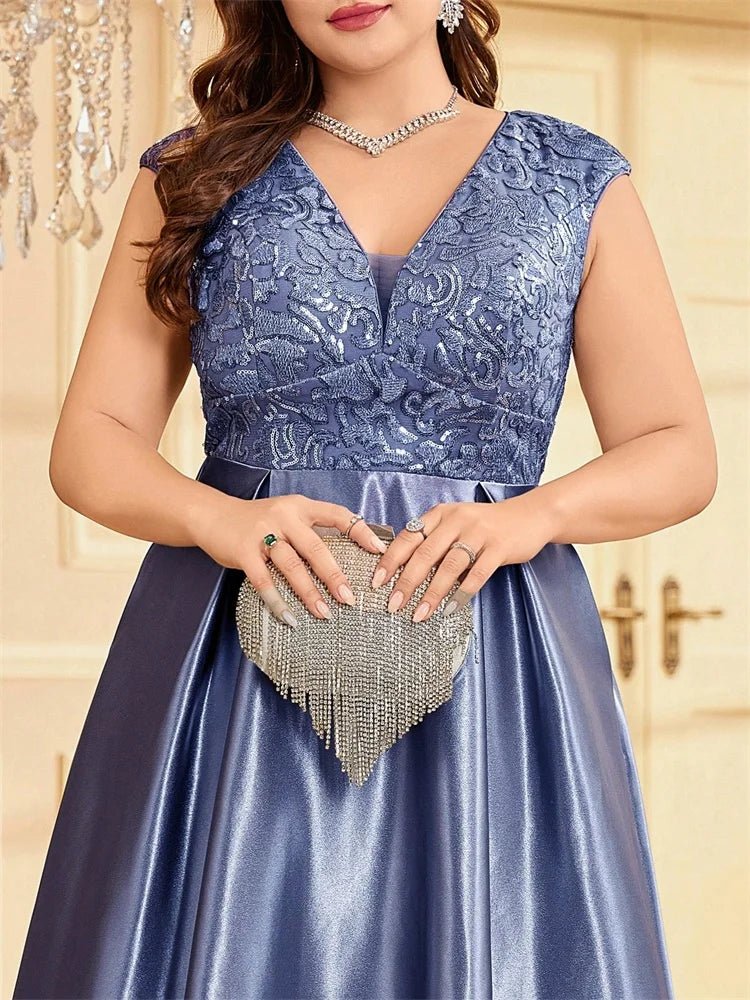 Plus Size Luxury Satin Sleeveless Evening Dress Elegant Long Sequin Splice A - line Formal Wedding Party Cocktail Gowns - Maison zamor