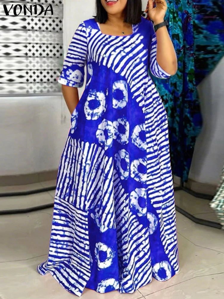 Plus Size Women Bohemian Maxi Dress 2025 Summer Printed Long Sundress VONDA Beach Party Vestidos Half Sleeve Casual Loose Robe - Maison zamor
