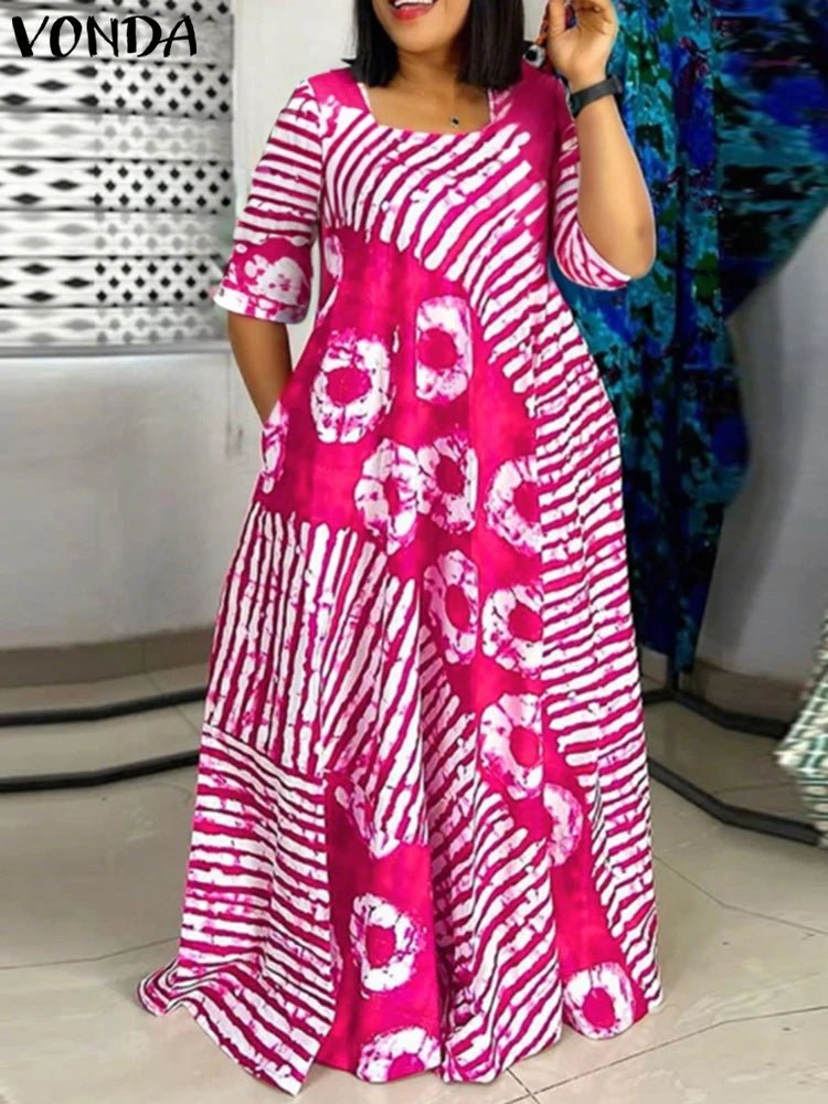 Plus Size Women Bohemian Maxi Dress 2025 Summer Printed Long Sundress VONDA Beach Party Vestidos Half Sleeve Casual Loose Robe - Maison zamor