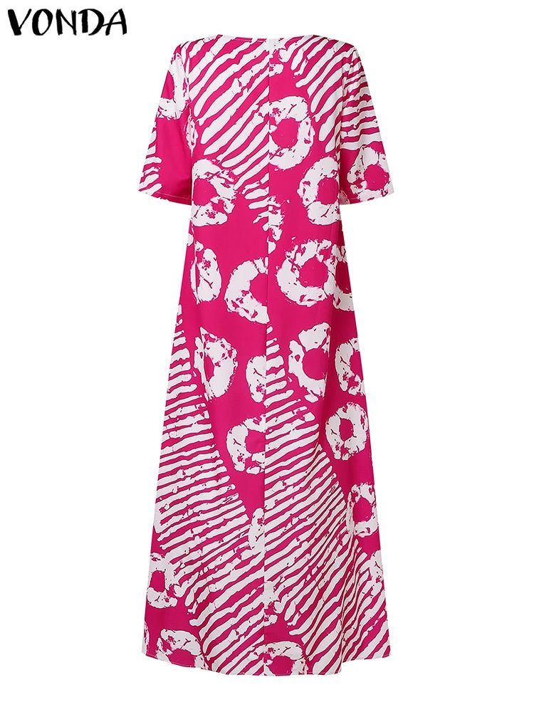 Plus Size Women Bohemian Maxi Dress 2025 Summer Printed Long Sundress VONDA Beach Party Vestidos Half Sleeve Casual Loose Robe - Maison zamor