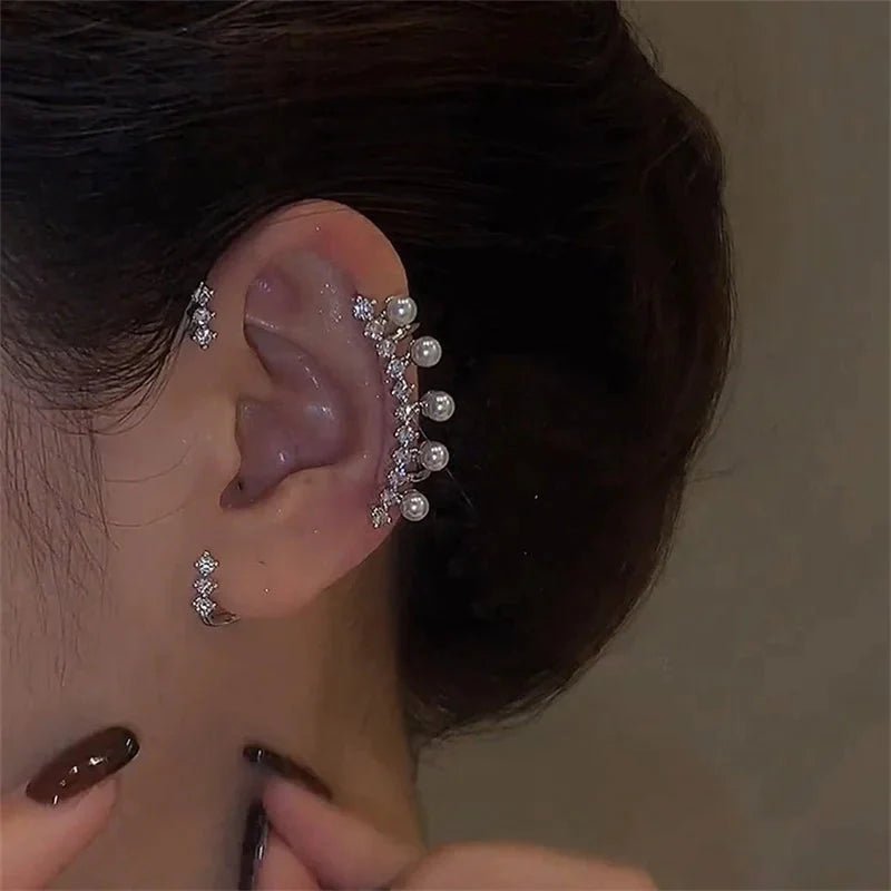 Silver Color Pearl Ear Cuff – Vintage Crystal Zircon Ear Clip, No Piercing Required, Fashion Jewelry for Women - Maison zamor