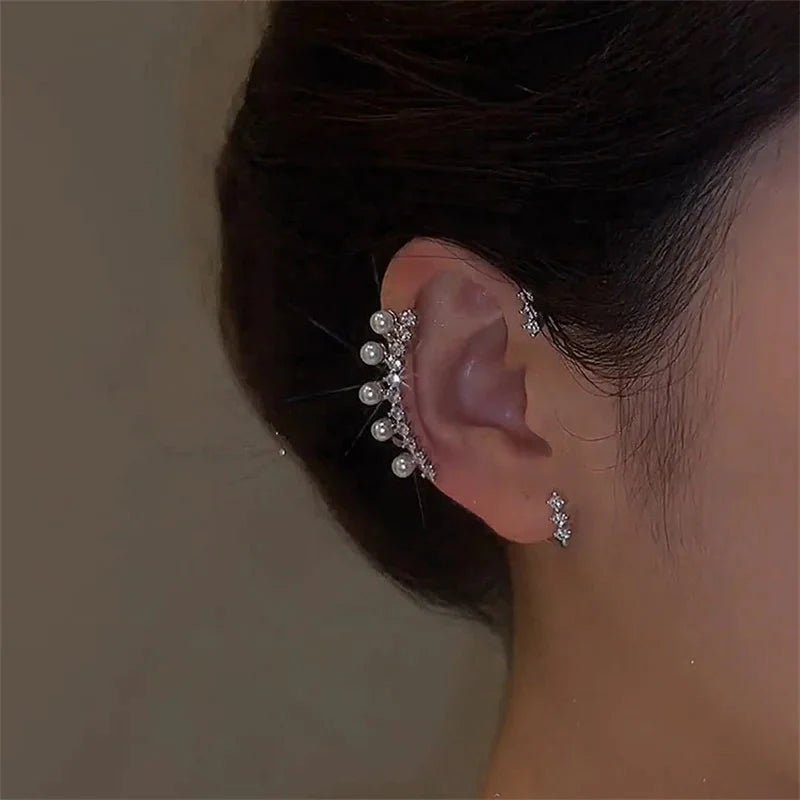 Silver Color Pearl Ear Cuff – Vintage Crystal Zircon Ear Clip, No Piercing Required, Fashion Jewelry for Women - Maison zamor