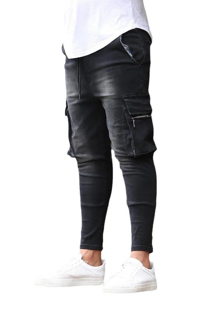 Street Elastic Jeans Men Denim Cargo Pants Wash Solid Color Multi Pockets Casual Mid Waist Trousers Slim Fit Daily Wear Joggers - Maison zamor