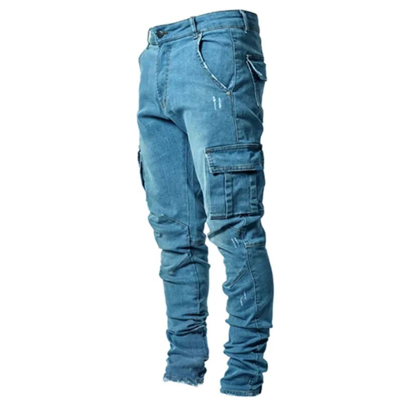 Street Elastic Jeans Men Denim Cargo Pants Wash Solid Color Multi Pockets Casual Mid Waist Trousers Slim Fit Daily Wear Joggers - Maison zamor