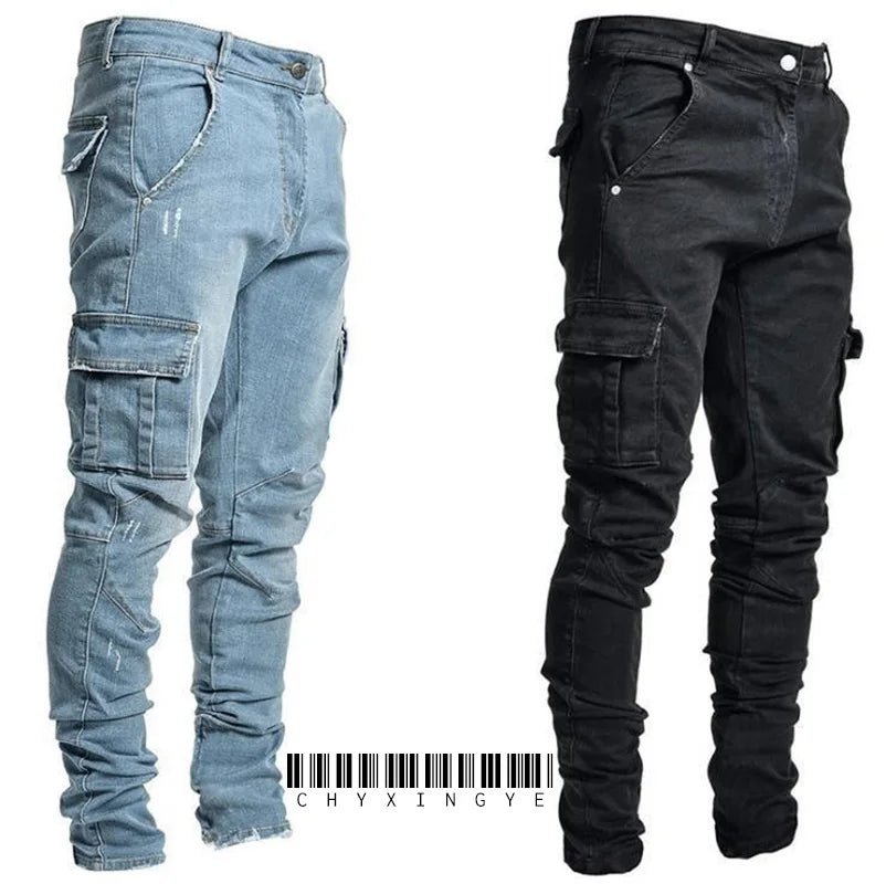 Street Elastic Jeans Men Denim Cargo Pants Wash Solid Color Multi Pockets Casual Mid Waist Trousers Slim Fit Daily Wear Joggers - Maison zamor