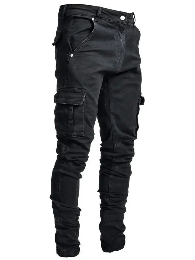 Street Elastic Jeans Men Denim Cargo Pants Wash Solid Color Multi Pockets Casual Mid Waist Trousers Slim Fit Daily Wear Joggers - Maison zamor