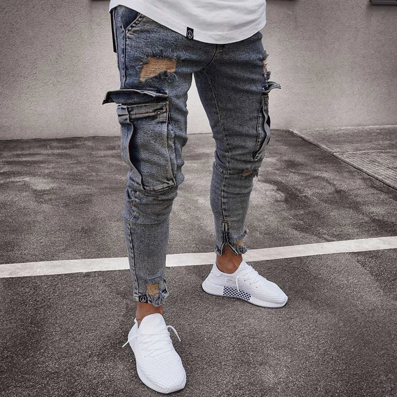 Street Elastic Jeans Men Denim Cargo Pants Wash Solid Color Multi Pockets Casual Mid Waist Trousers Slim Fit Daily Wear Joggers - Maison zamor