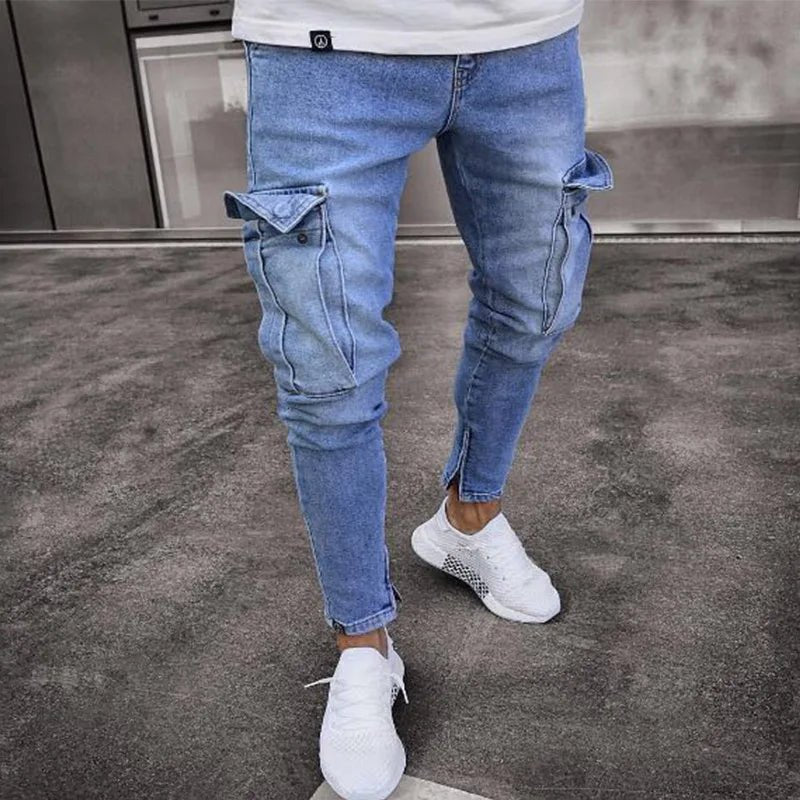 Street Elastic Jeans Men Denim Cargo Pants Wash Solid Color Multi Pockets Casual Mid Waist Trousers Slim Fit Daily Wear Joggers - Maison zamor