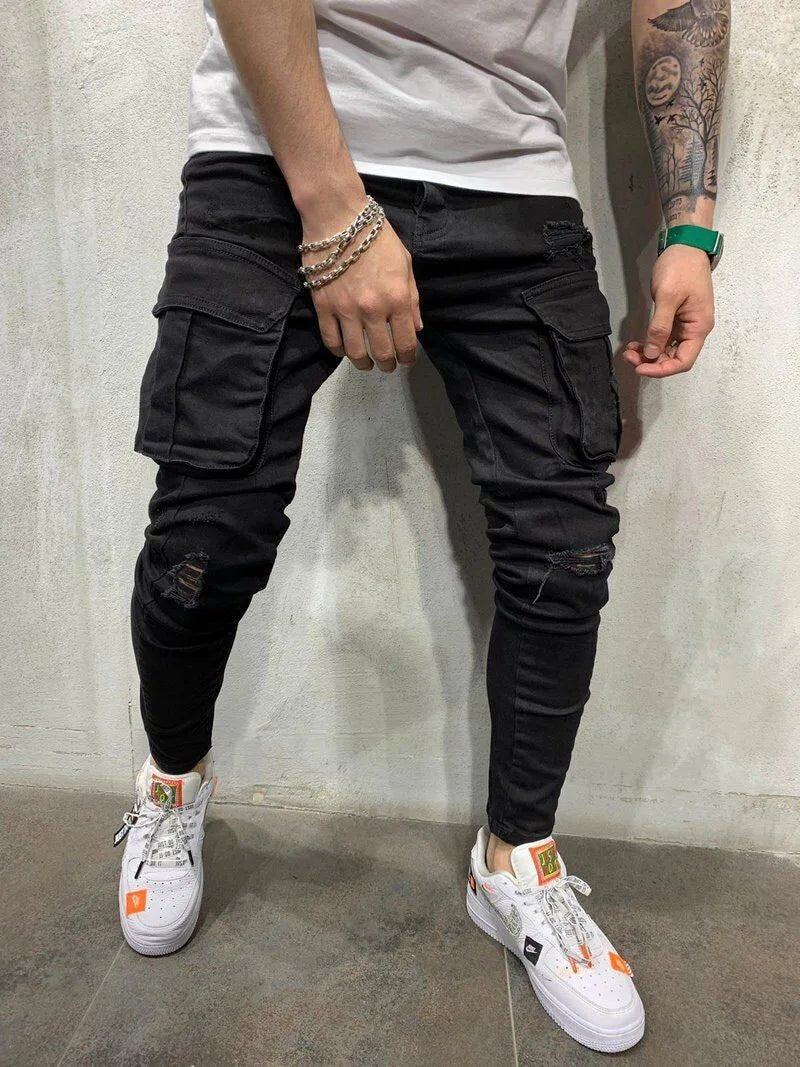 Street Elastic Jeans Men Denim Cargo Pants Wash Solid Color Multi Pockets Casual Mid Waist Trousers Slim Fit Daily Wear Joggers - Maison zamor